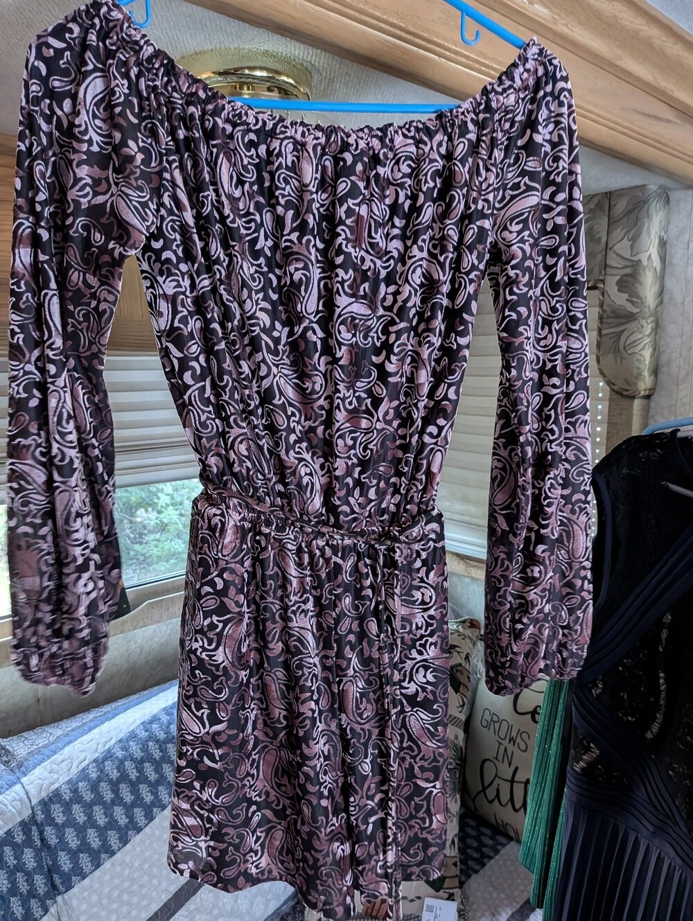 Off-Shoulder Pink and Black Patterned Women’s Rompe One Piece. Burnt Out Velvet